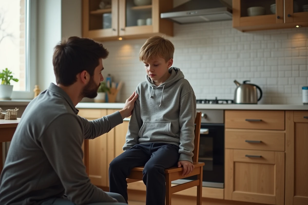 Adolescent assis avec précaution sur une chaise en raison d'une douleur au coccyx, soutenu par son père à la maison