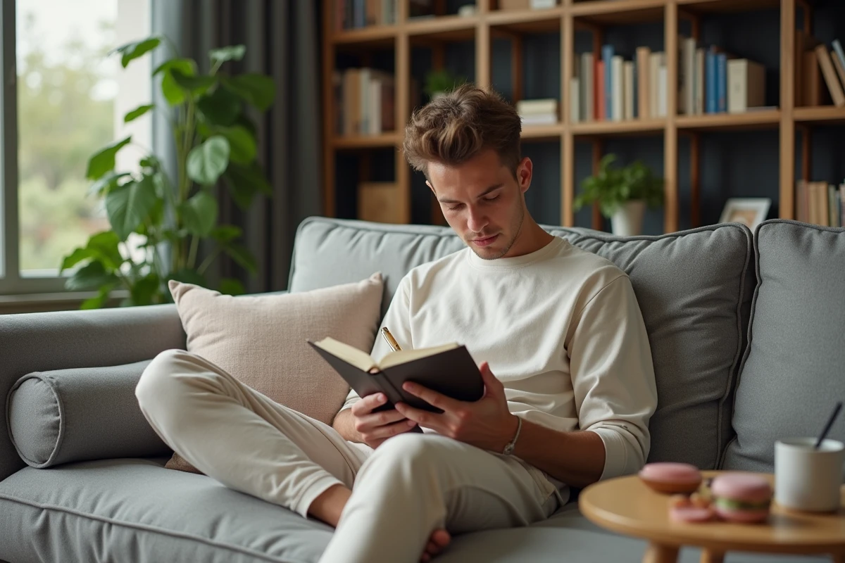 Adulte nonbinaire écrivant dans un salon lumineux