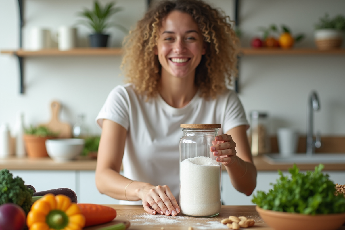Adulte souriant tenant un pot vide de sucre dans une cuisine lumineuse