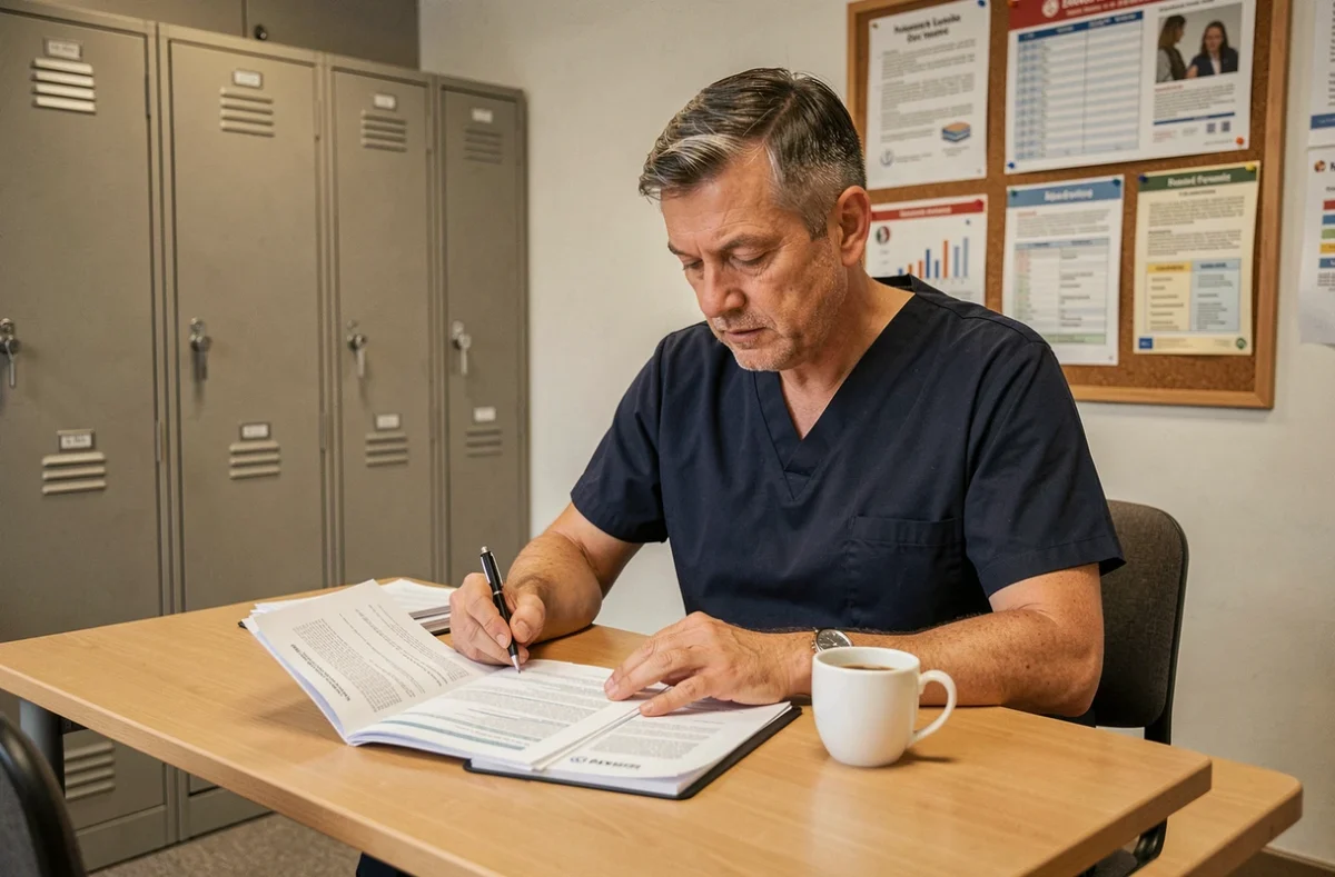 Aide soignant masculin consultant des documents dans une salle de pause d'un établissement de soins luxembourgeois, avec lockers et tableau d'affichage en arrière-plan