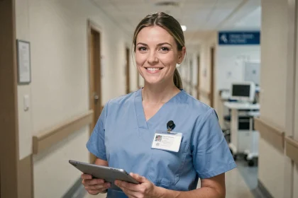 Aide soignante en scrubs bleus dans un couloir d'hôpital moderne au Luxembourg, tenant une tablette médicale avec une expression professionnelle et confiante