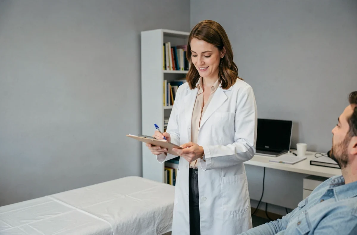 Alice Romerales, ostéopathe dans l'Aude, consultant ses notes en cabinet avec un patient
