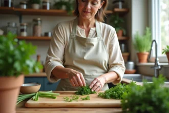 Femme préparant des herbes aromatiques fraîches comme la ciboulette et le fenouil en remplacement des oignons dans une cuisine familiale
