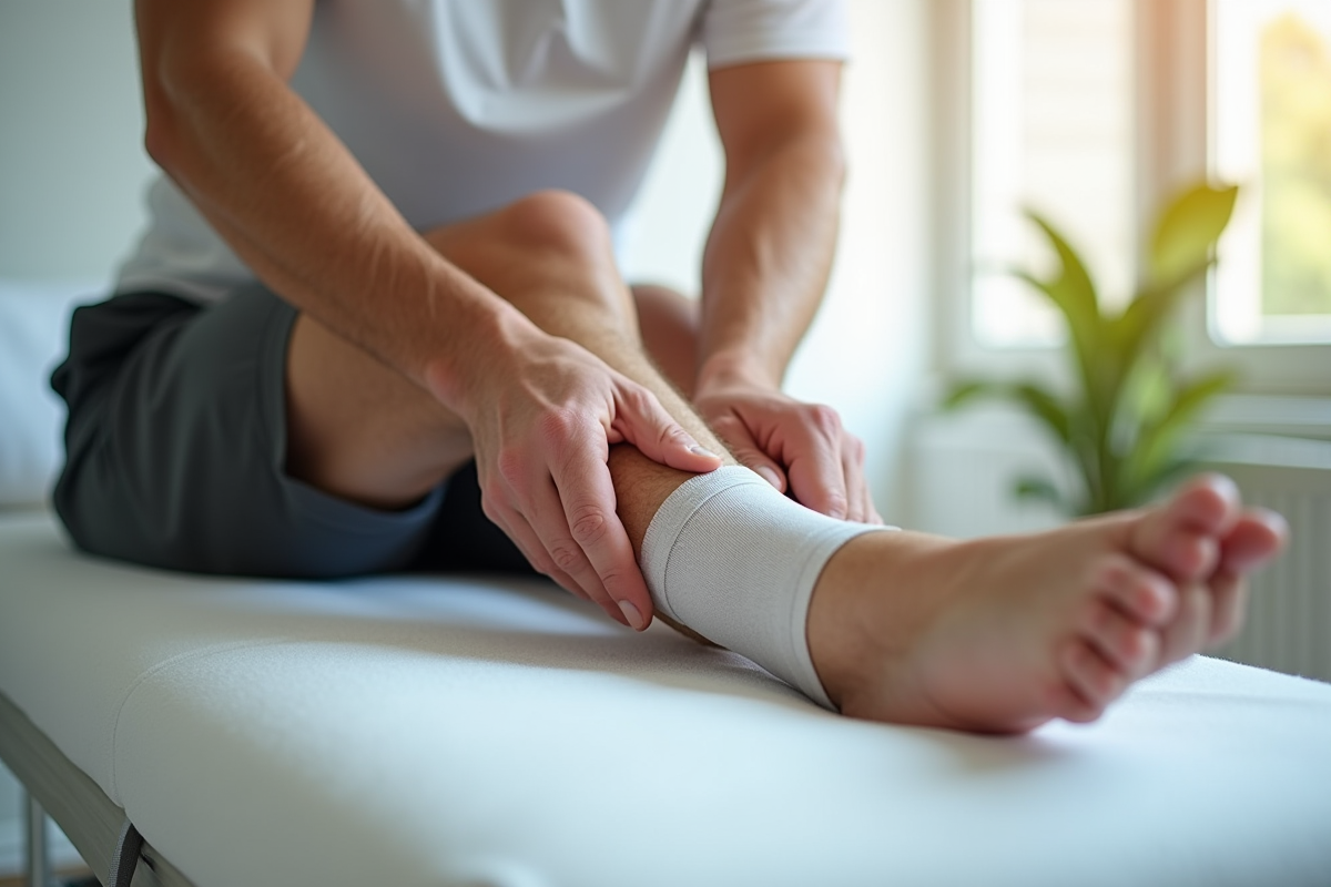 Main professionnelle ajustant un bandage sur la jambe d