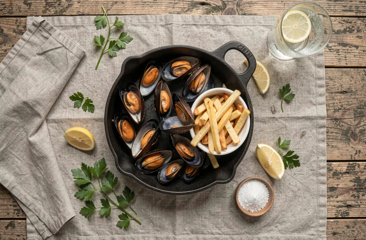 Assiette de moules frites vue de dessus avec moules en cocotte, frites dorées et citron, repas équilibré pour femme enceinte