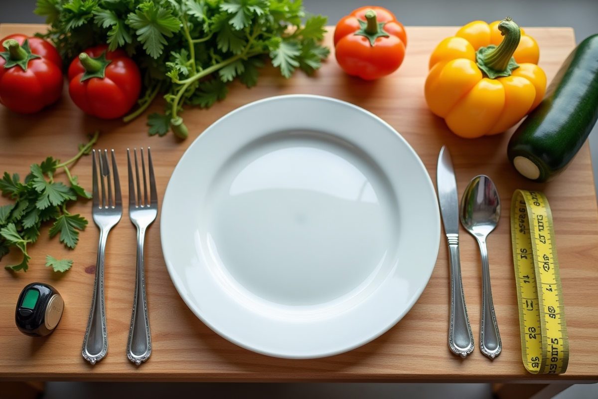Assiette vide avec légumes et ruban mesure dans une cuisine lumineuse