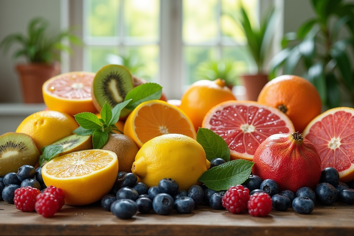 Assortiment de fruits detoxifiants sur table ensoleillée