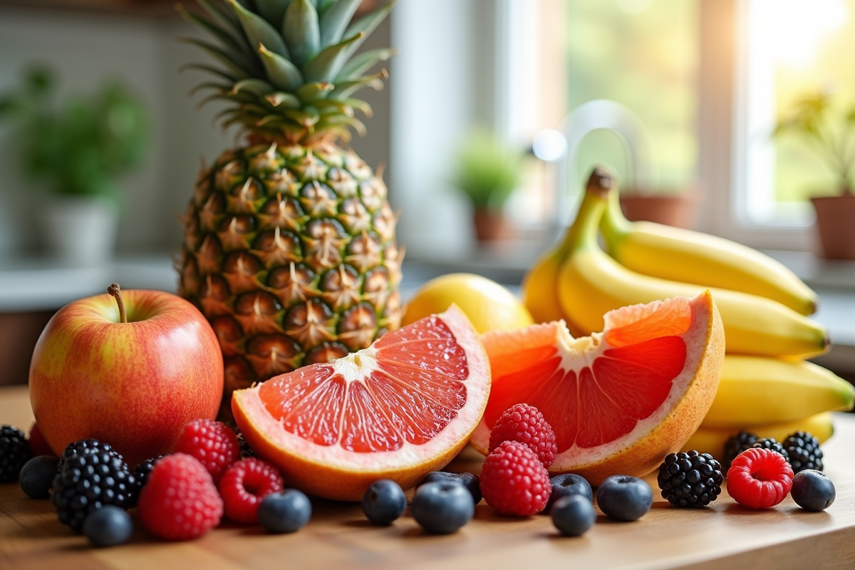 Assortiment de fruits brûle-graisses sur une table en bois