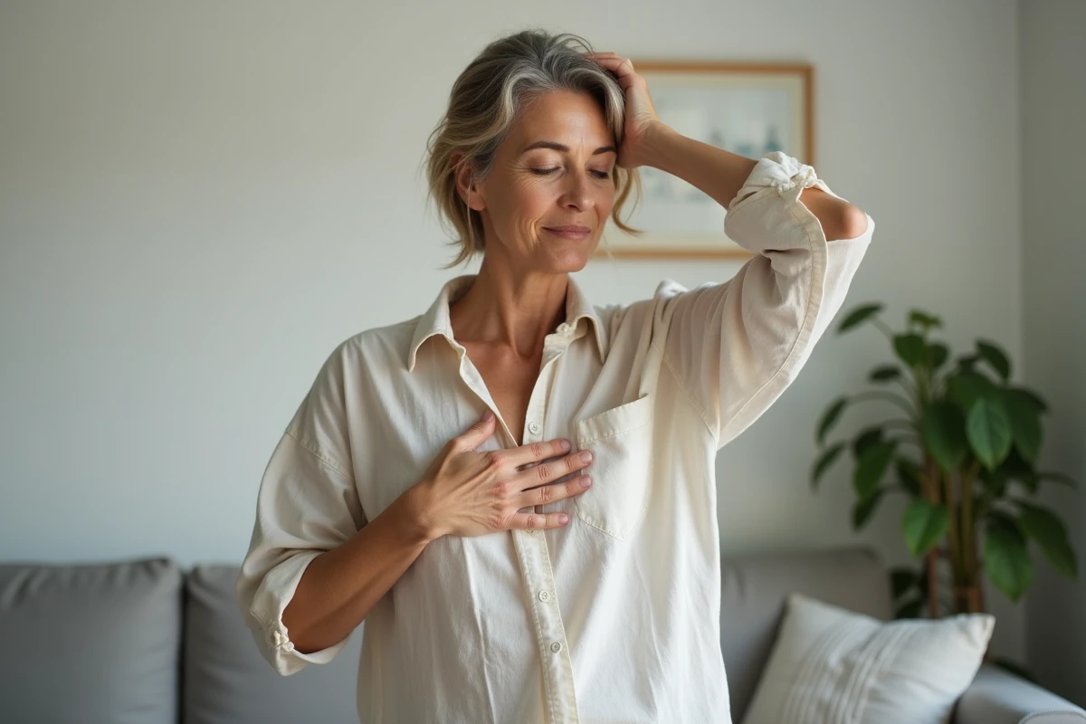 Femme réalisant une auto-palpation du sein et de l'aisselle à domicile pour détecter une douleur mammaire
