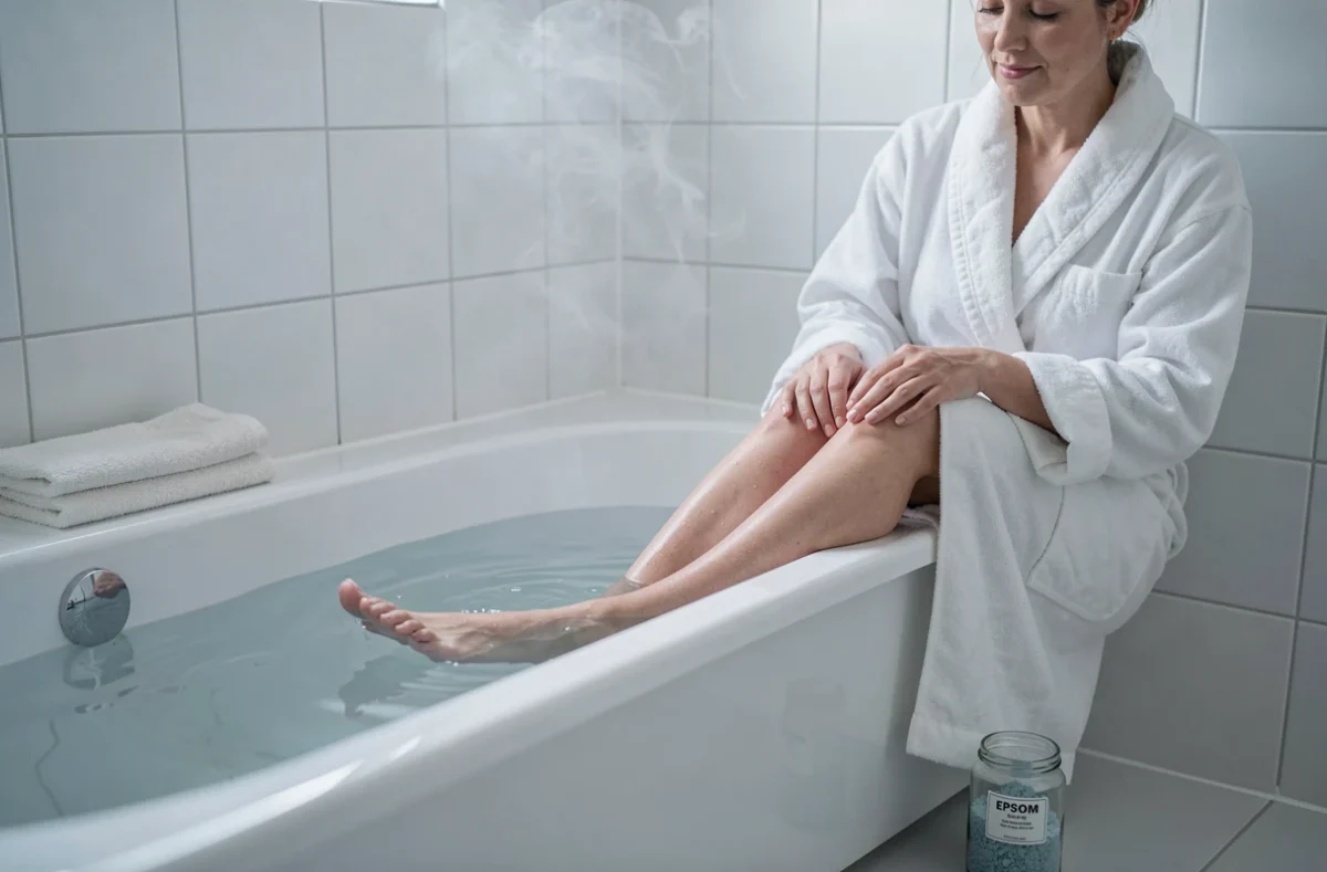 Femme soulageant une chaleur sur le dessus du pied avec un bain de pieds relaxant aux sels d'Epsom à la maison