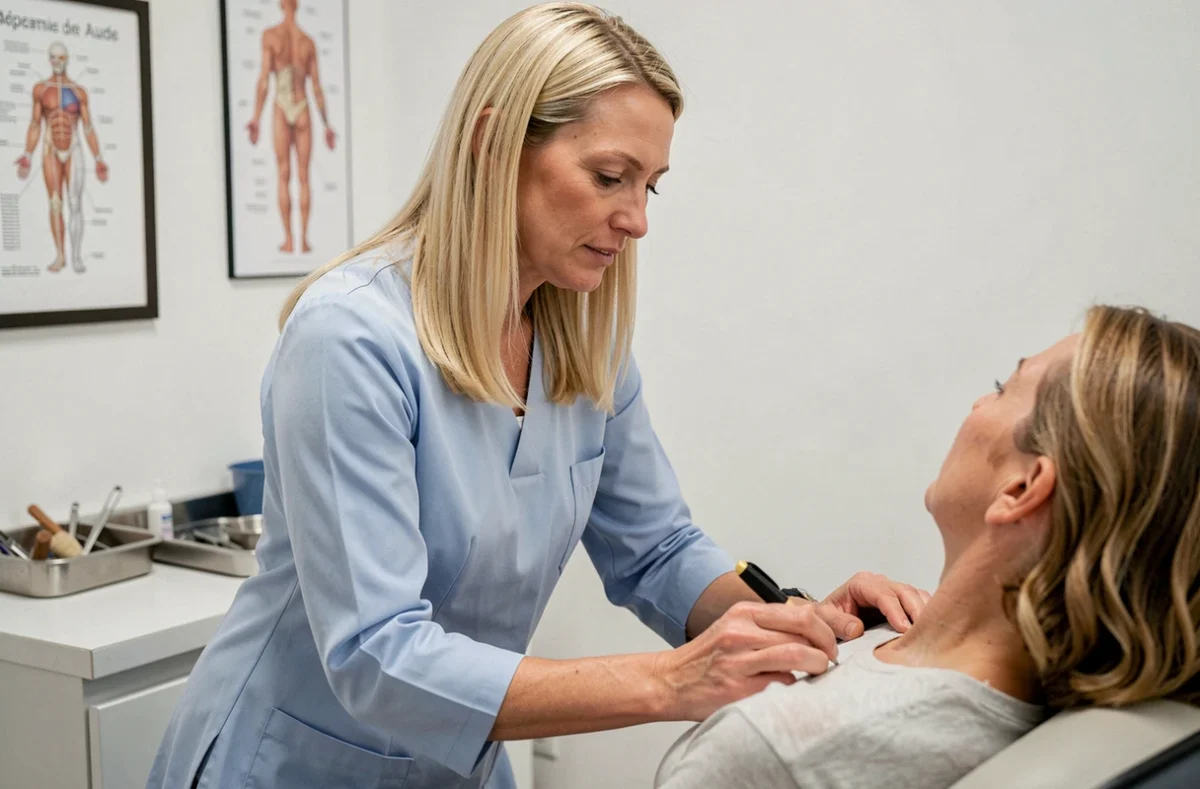 Barbara Cussigh, ostéopathe dans l'Aude, réalisant une technique structurelle sur l'épaule d'un patient