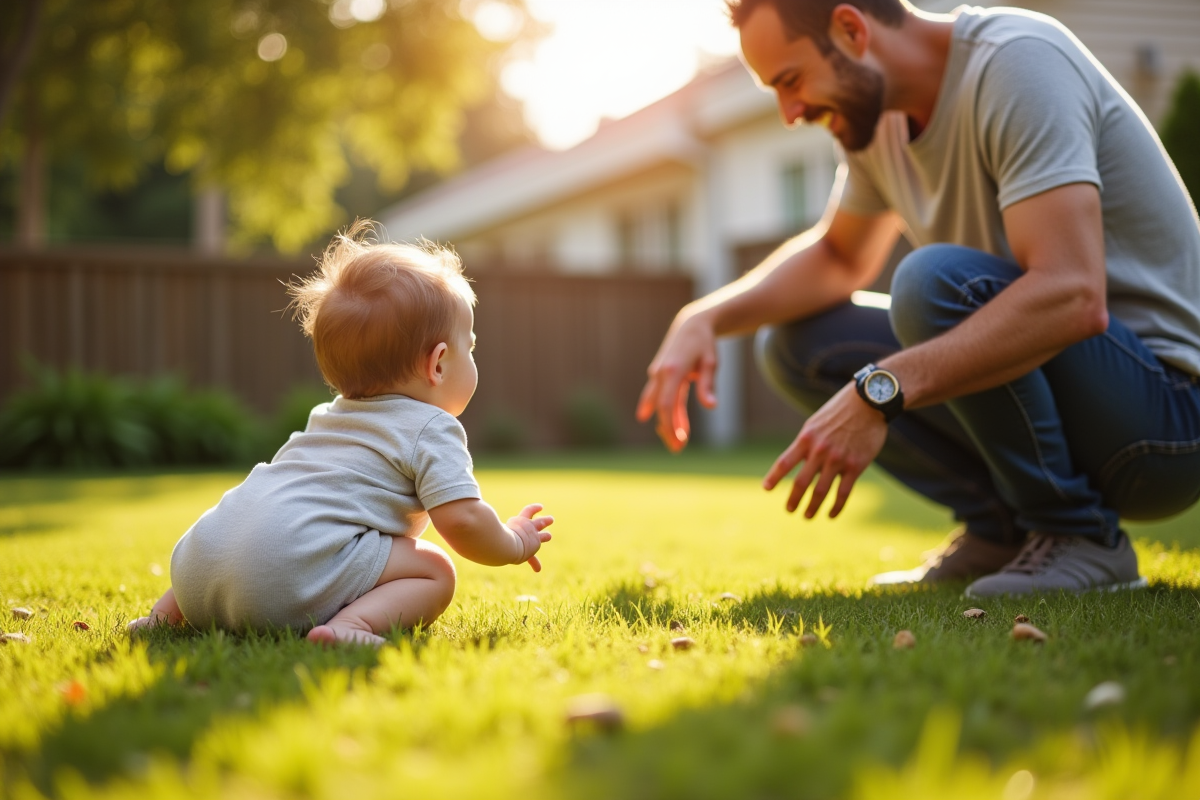 Bébé rampe dans le jardin en famille en plein air