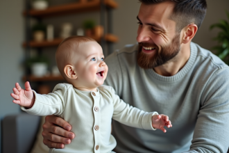 Bébé assis dans un salon moderne avec son père