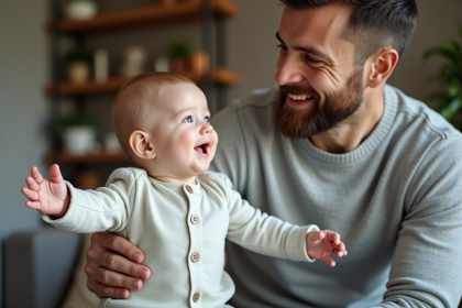 Bébé assis dans un salon moderne avec son père