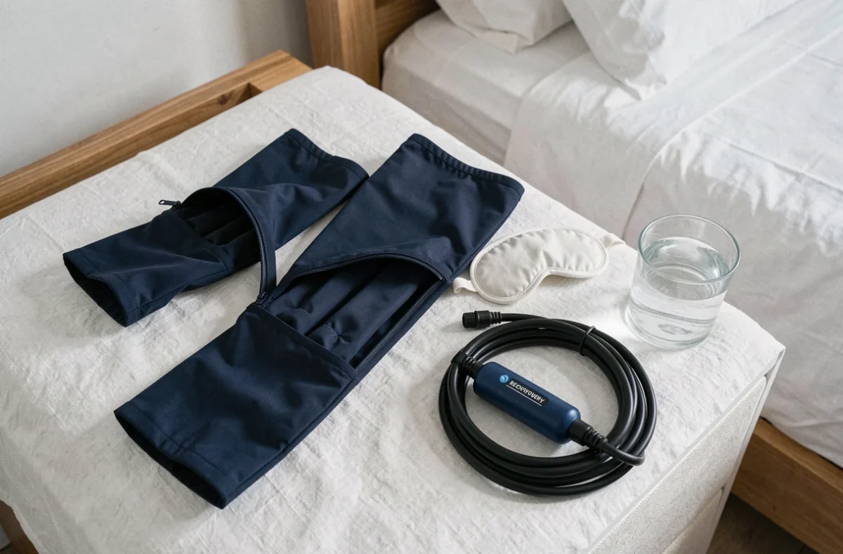 Bottes de récupération compression posées sur une table de nuit avec masque de sommeil et pompe portable pour la récupération nocturne