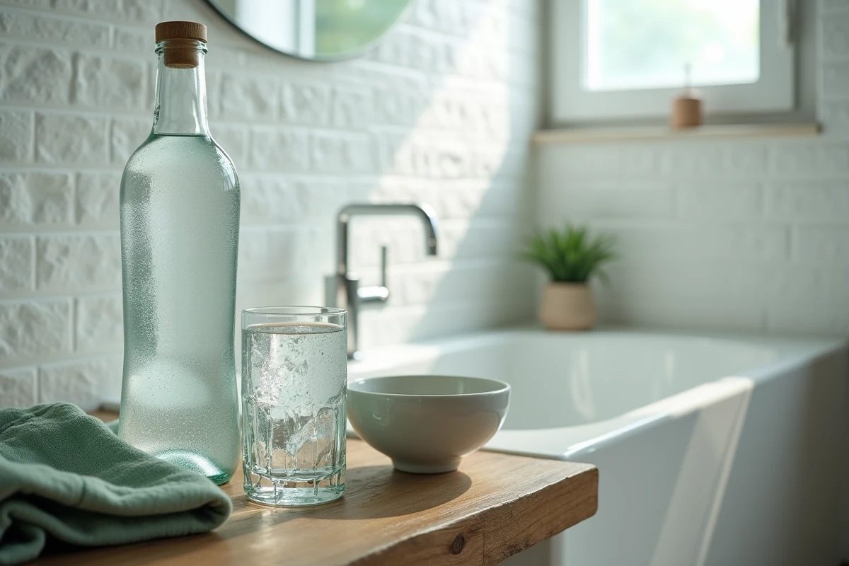 Bouteille d'eau Saint-Antonin et verre posés sur une étagère de salle de bain en bois, illustration du traitement naturel de la constipation