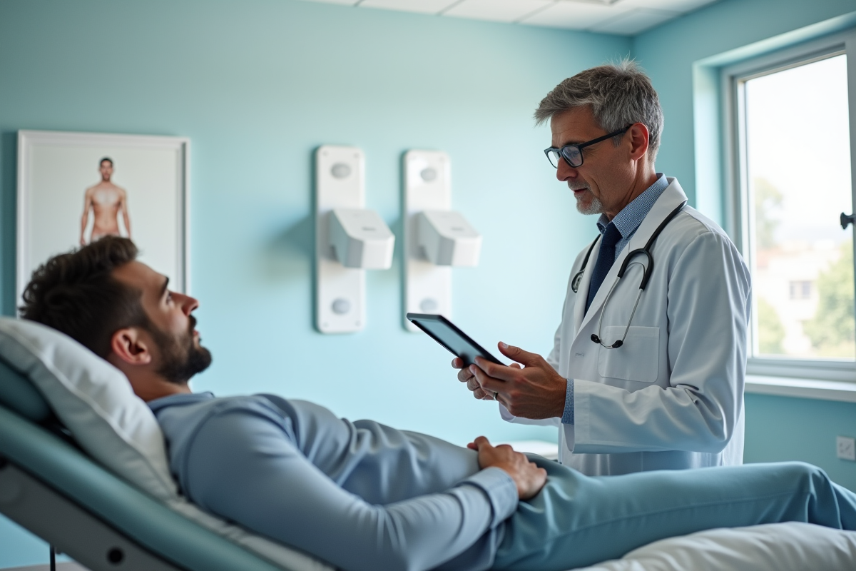 Salle moderne avec patient et docteur expliquant la procédure laser