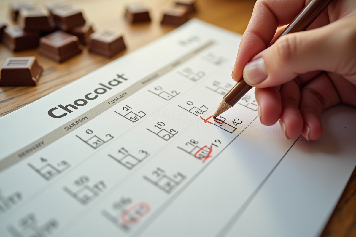 Calendrier avec chocolat et main barrant des jours