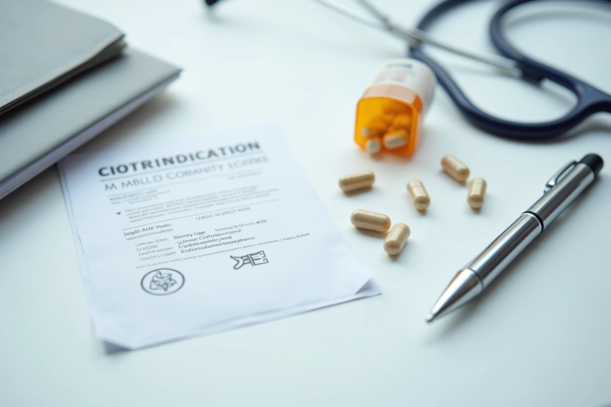 Gros plan sur des capsules de complément alimentaire avec une fiche de contre-indications médicales posée sur un bureau de consultation