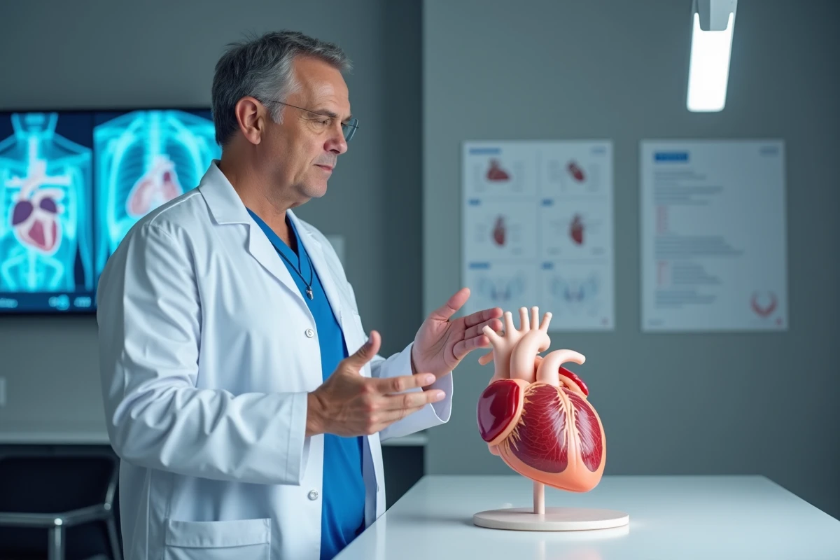 Cardiologue examinant un modèle anatomique du cœur humain lors d'une consultation médicale, illustrant l'explication sur la durée de vie d'un stent coronaire