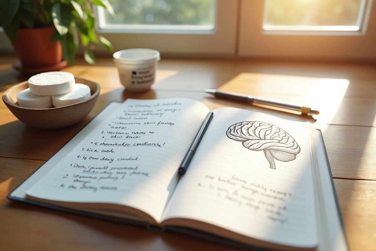 Carnet ouvert avec cerveau dessine et crème hydratante sur la table