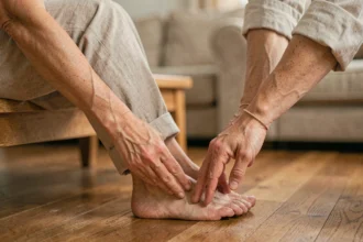 Femme soulagant une sensation de chaleur sur le dessus du pied en le massant doucement à la maison