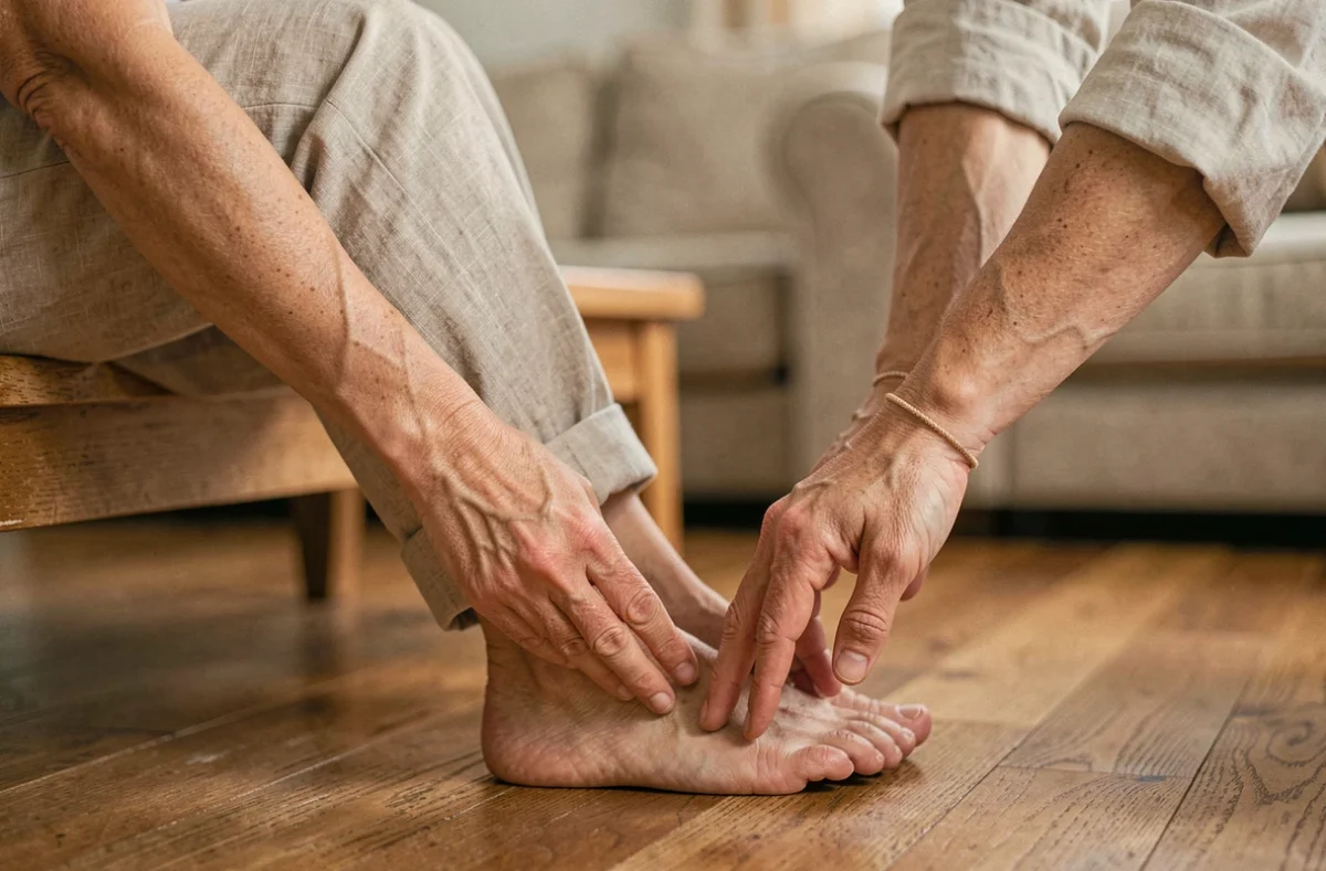 Femme soulagant une sensation de chaleur sur le dessus du pied en le massant doucement à la maison
