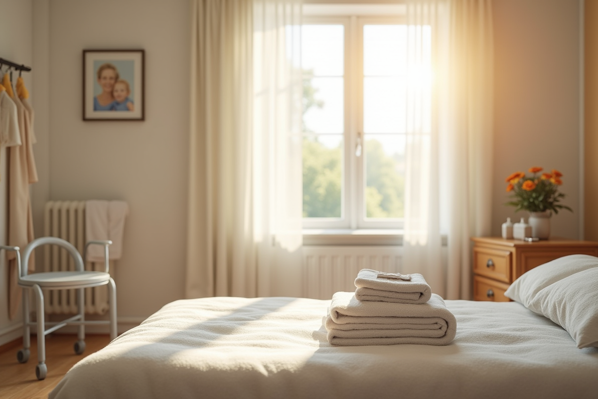 Chambre lumineuse avec chaise de douche et serviettes pliées