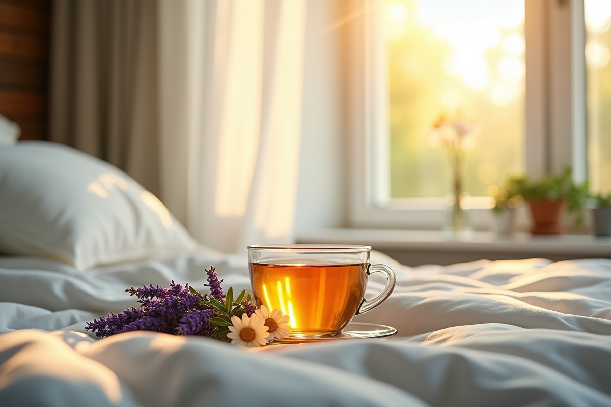 Chambre paisible avec thé et lavande pour la relaxation