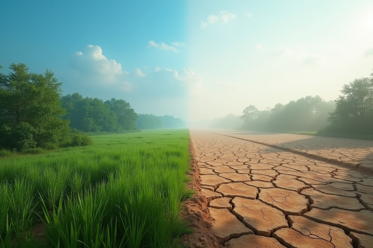 Paysage divise montrant forêt verte et terre sèche avec smog