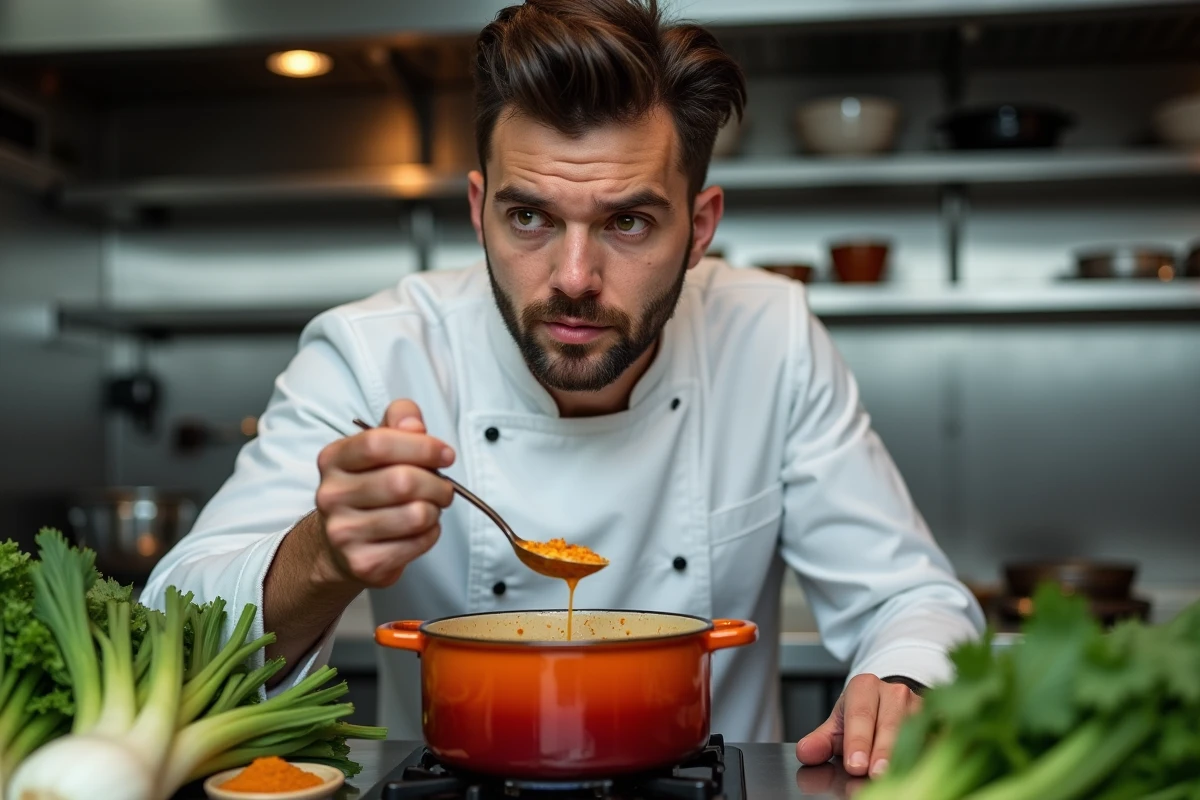 Chef goûtant une soupe aromatique sans oignon préparée avec du vert de poireau, du céleri et de l'asafoetida dans une cuisine professionnelle