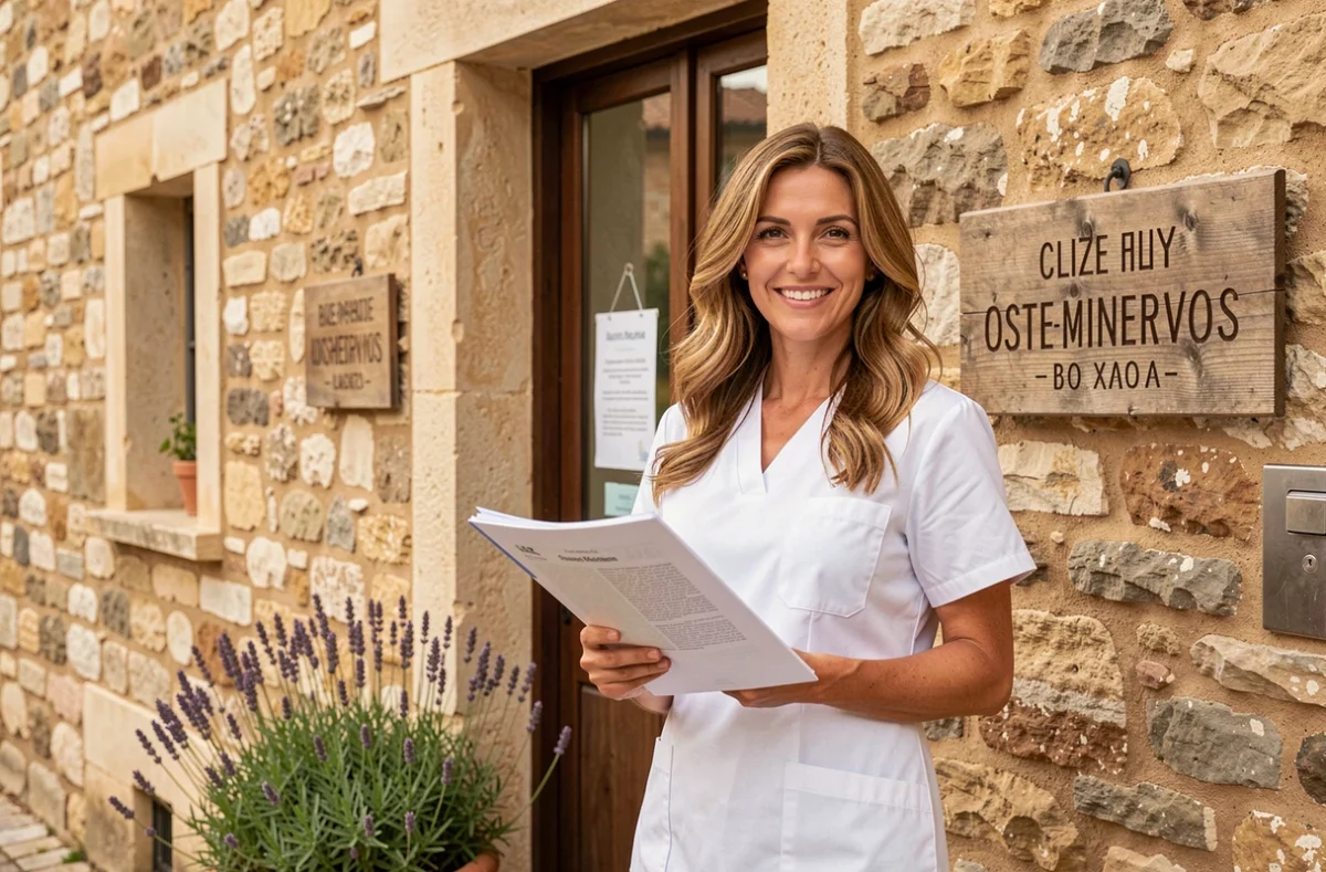 Clémentine Le Bail, ostéopathe à Bize-Minervois, devant son cabinet en pierre dans le village audois