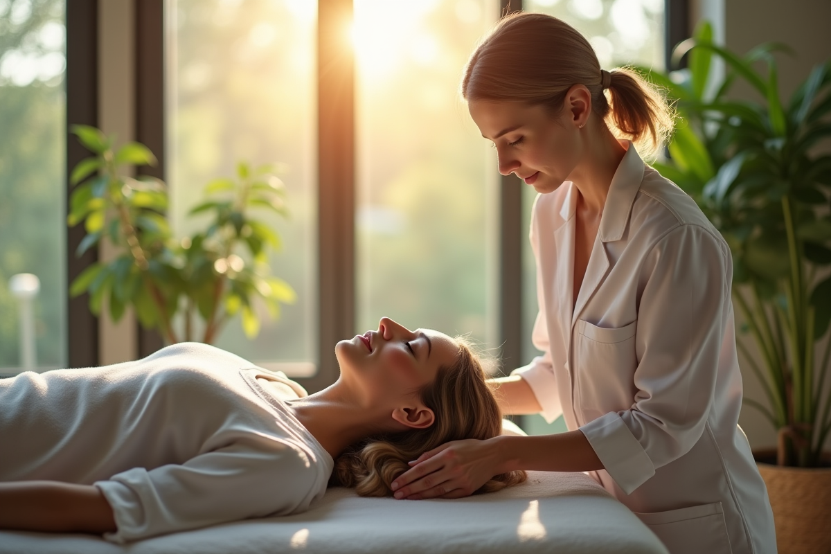 Femme recevant une acupuncture dans une clinique de bien-être