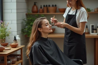 Femme recevant une coloration végétale en salon avec des pigments naturels appliqués au pinceau