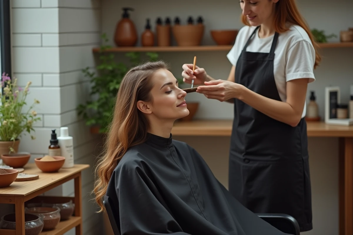 Femme recevant une coloration végétale en salon avec des pigments naturels appliqués au pinceau