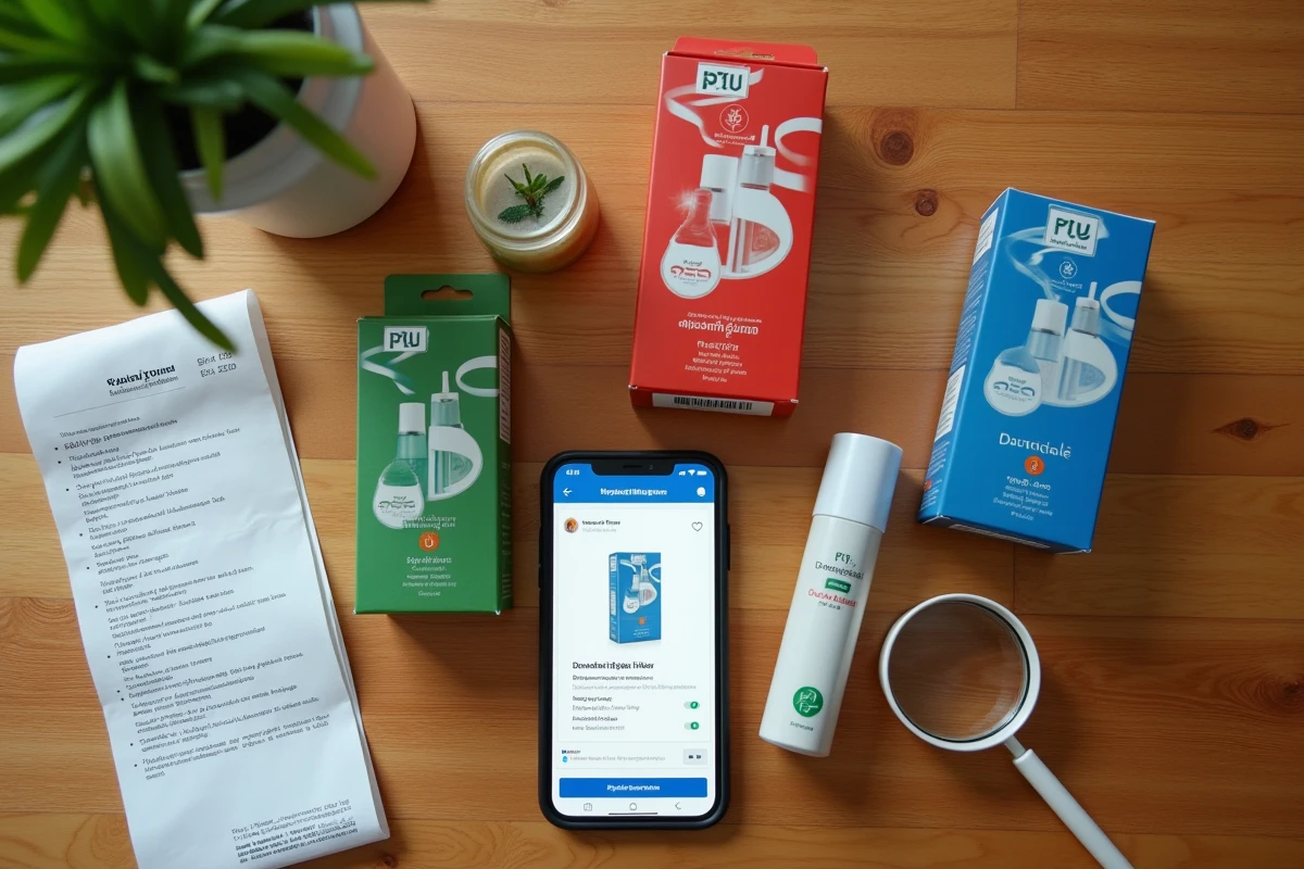 Comparaison de plusieurs yadom thaïlandais authentiques avec un smartphone affichant une page d'achat en ligne