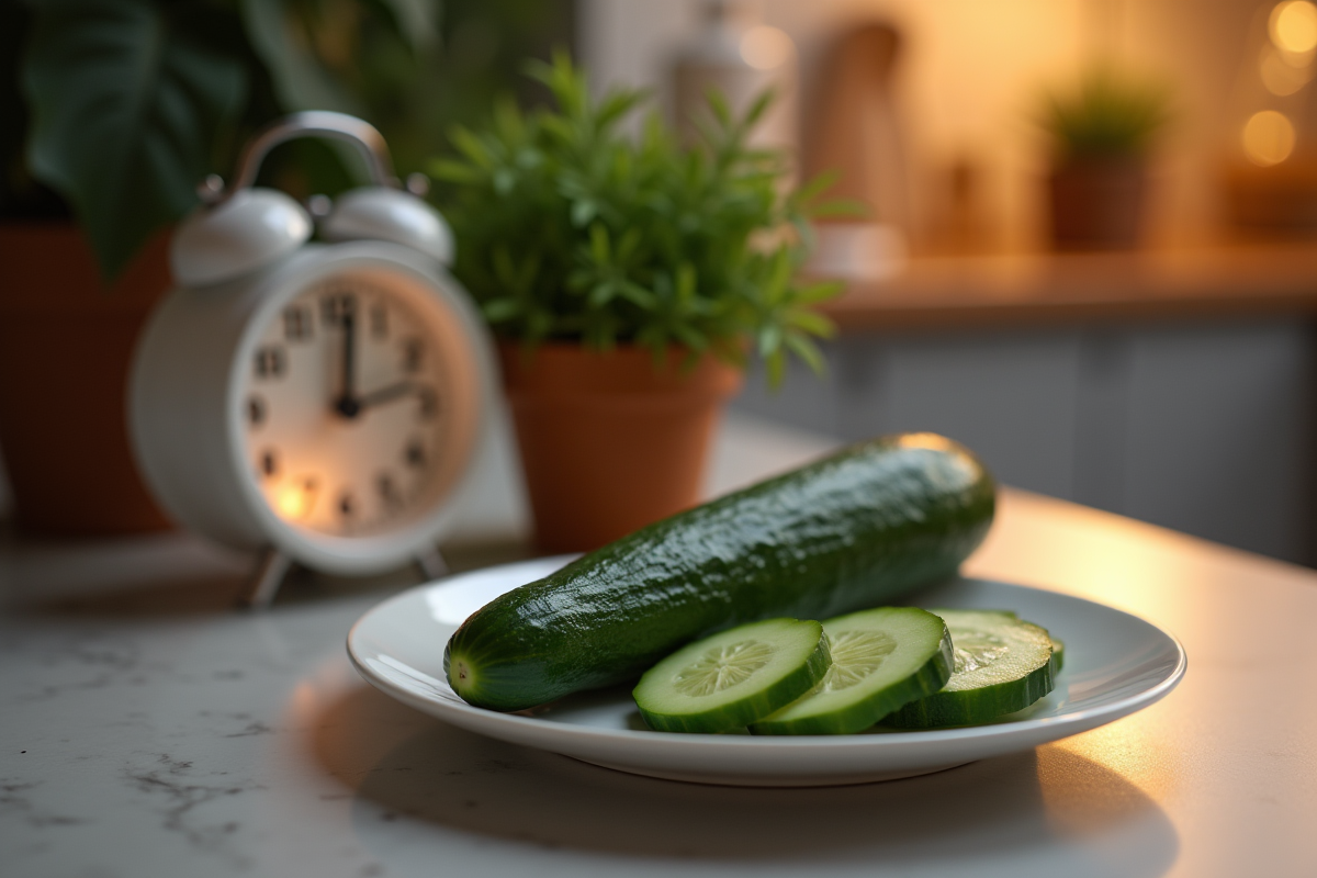Concombre tranché sur une assiette blanche avec une horloge à 21h dans une cuisine chaleureuse