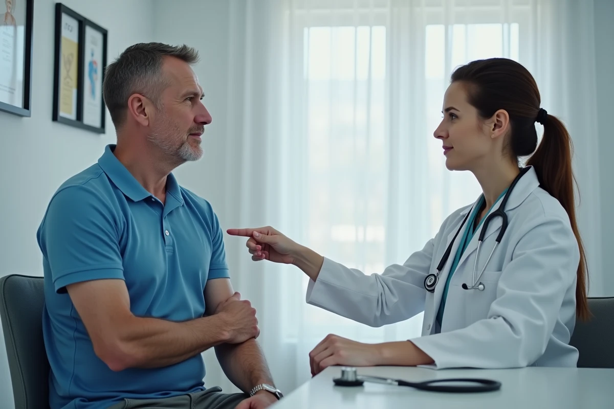 Patient montrant sa douleur sous les côtes droites à une médecin lors d'une consultation médicale