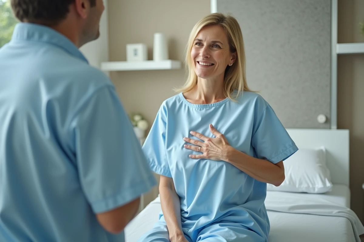 Femme en consultation médicale discutant d'une douleur axillaire en lien avec la glande mammaire