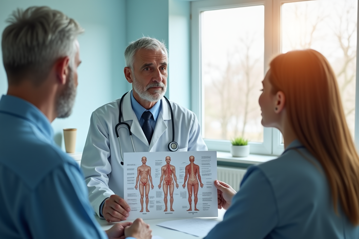 Consultation médicale avec un docteur montrant un graphique de corps mindex