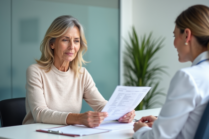 Femme d'&acirc;ge moyen en consultation m&eacute;dicale rassurante