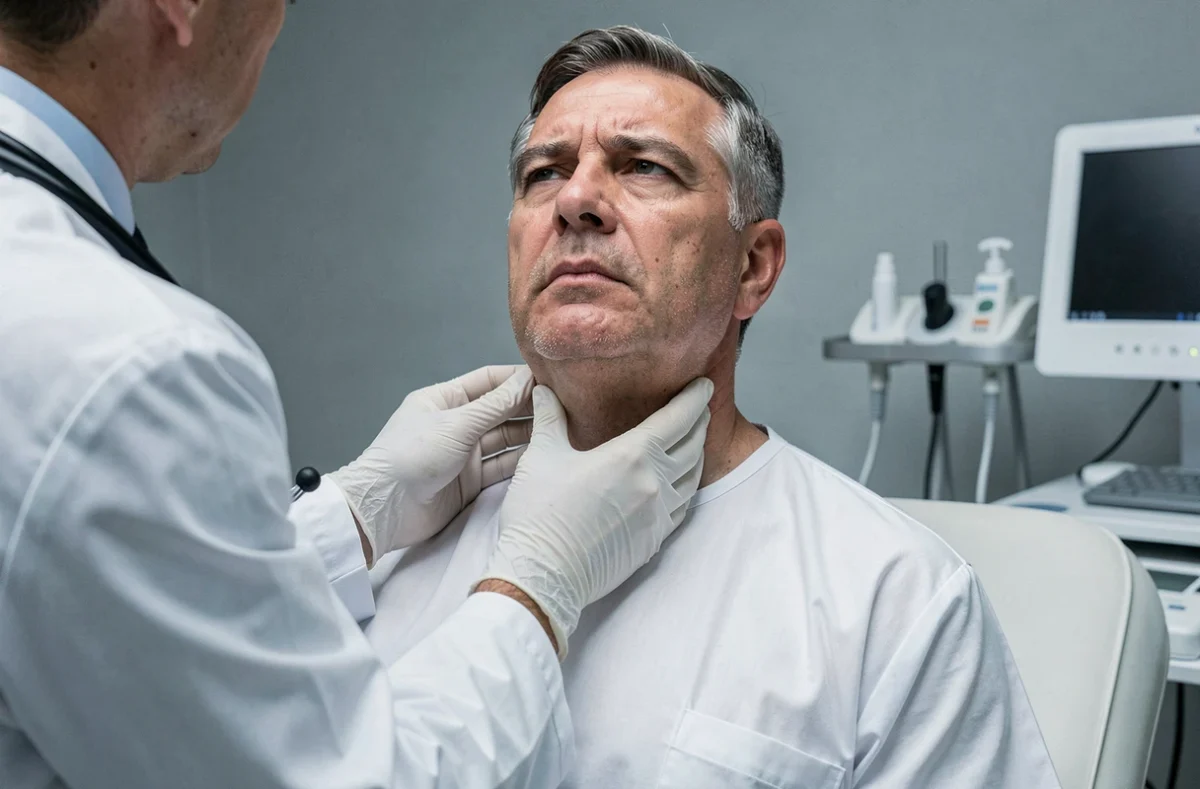 Médecin palpant un ganglion sous la mâchoire d'un patient lors d'une consultation médicale