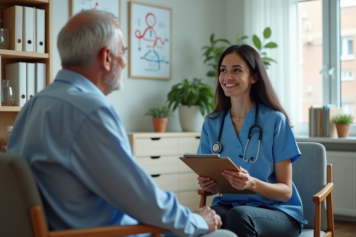 Femme médecin parlant avec un patient âgé dans un cabinet moderne
