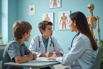 Consultation pédiatrique pour un adolescent souffrant d'une blessure au coccyx, avec une médecin et une mère attentive