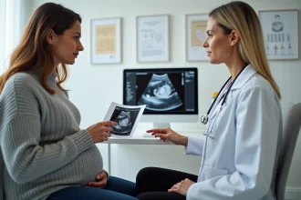 Femme enceinte en consultation prénatale avec sa gynécologue qui lui explique la date de terme à partir d'une échographie