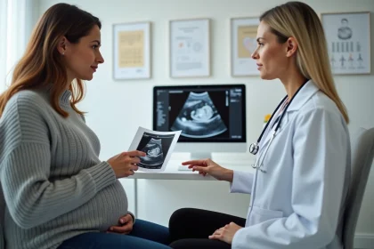 Femme enceinte en consultation prénatale avec sa gynécologue qui lui explique la date de terme à partir d'une échographie