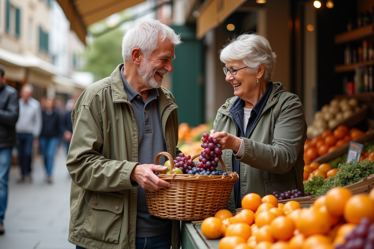 Couple âgé explore un marché de fruits en plein air