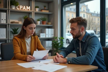 Jeune couple en mairie d&eacute;posant des papiers administratifs
