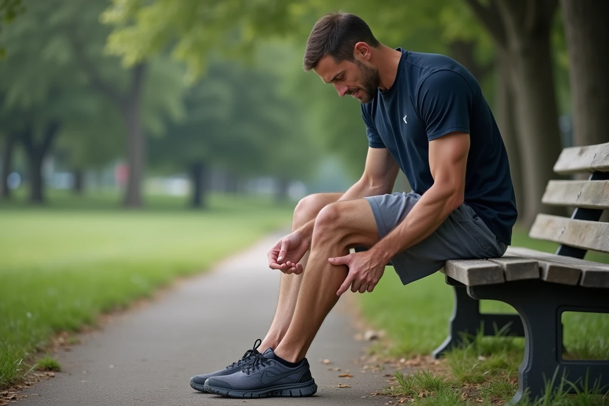 Coureur masculin assis sur un banc de parc retirant sa chaussure pour examiner son pied, illustrant la douleur de l'éperon calcanéen chez le sportif