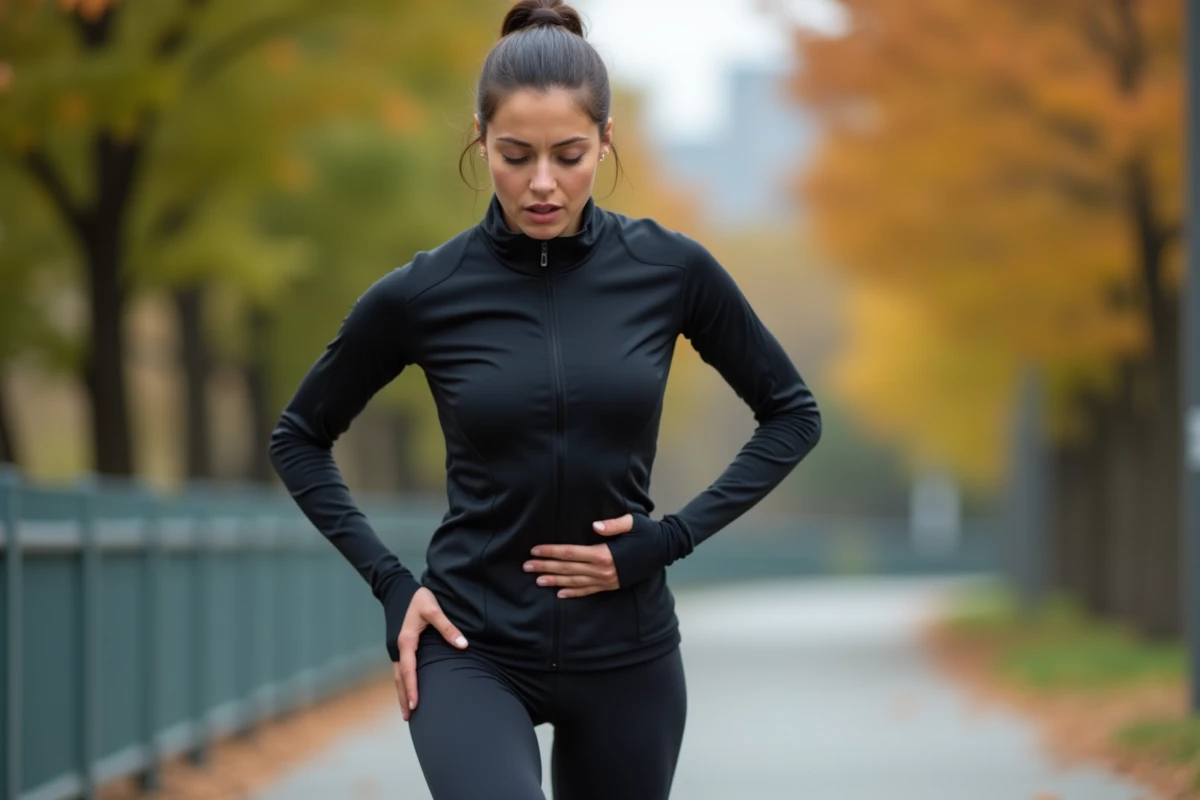 Coureuse s'arrêtant pendant son jogging en pressant la zone inguinale, évoquant une gêne liée aux ganglions après l'effort physique en extérieur